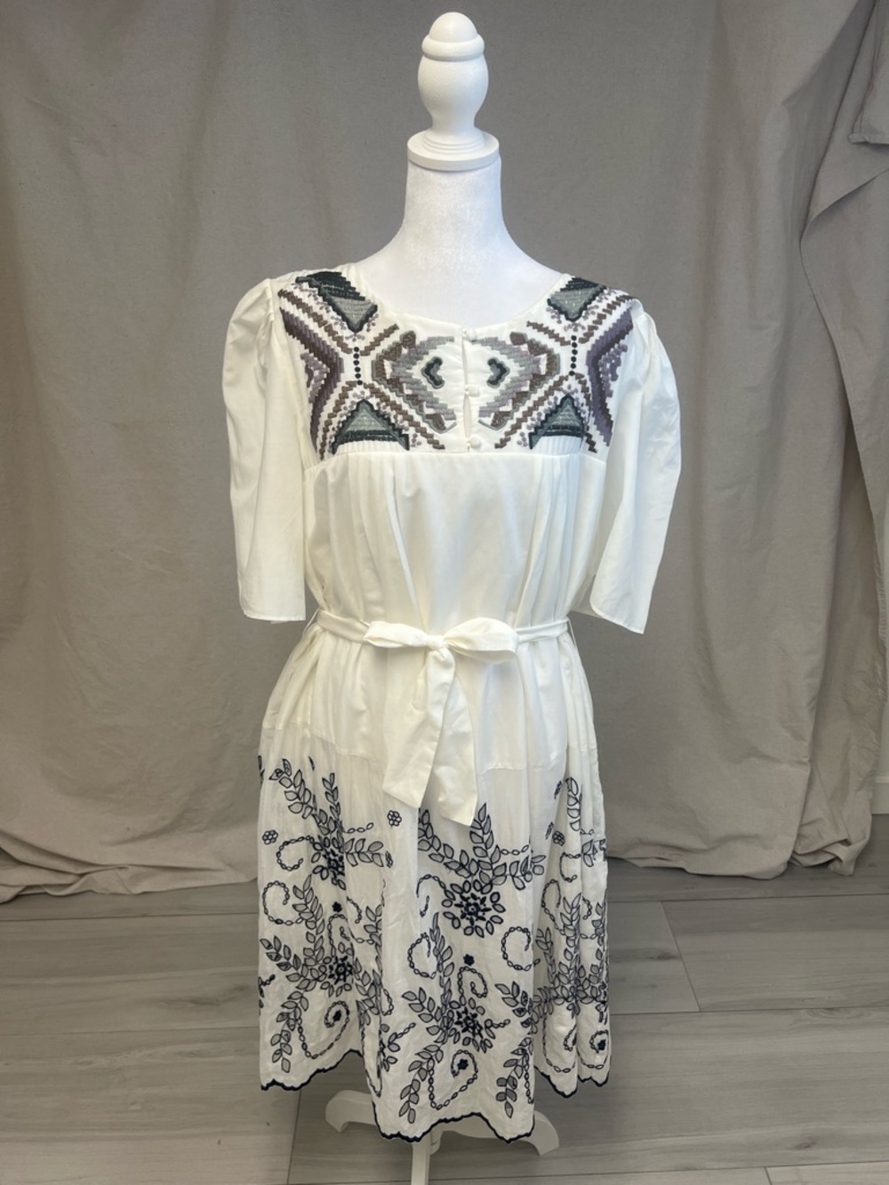 Tracy Porter White Cotton Voile Midi Dress Navy Embroidery Sz L Boho Coquette